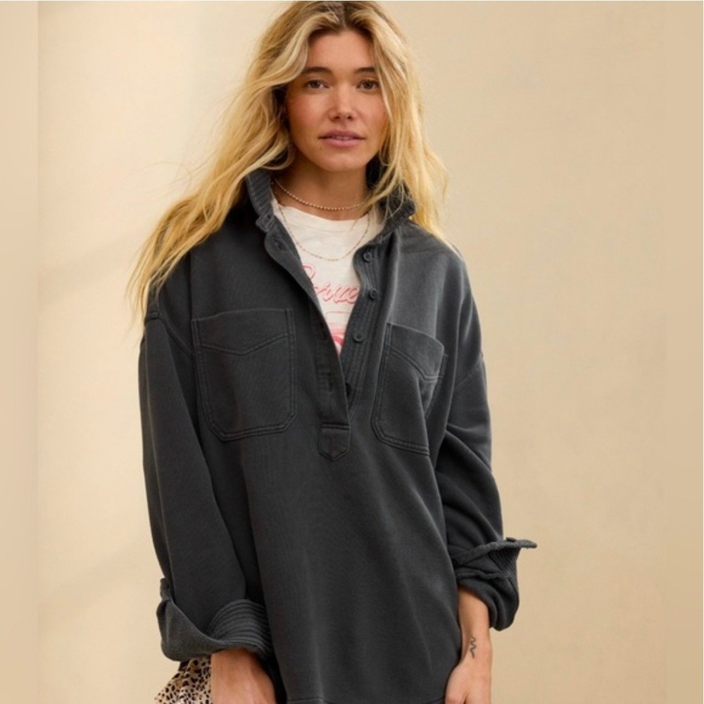 Aerie Popover Polo Smoked Gray Button Sweatshirt Womens XS Lounge Relax Comfy